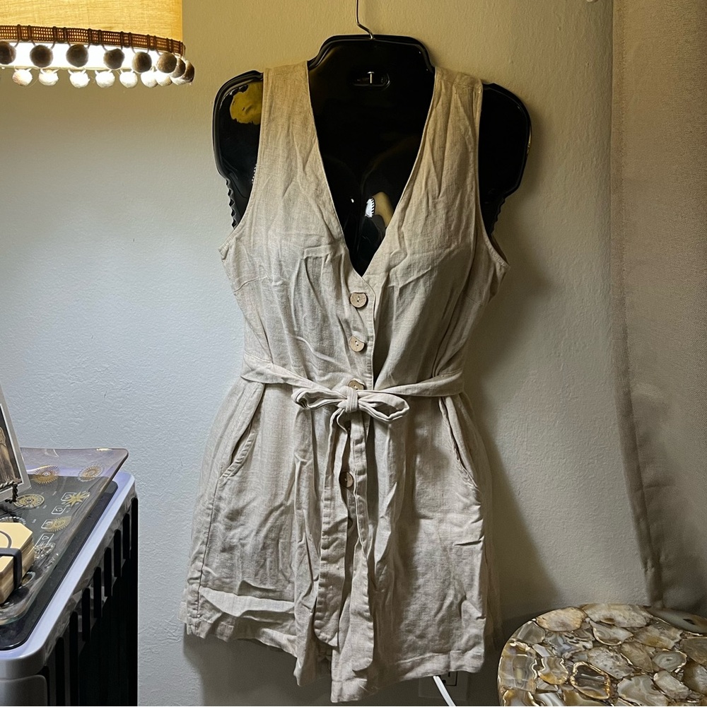 Me to We khaki linen romper tie waist belt v neck button down coastal core
